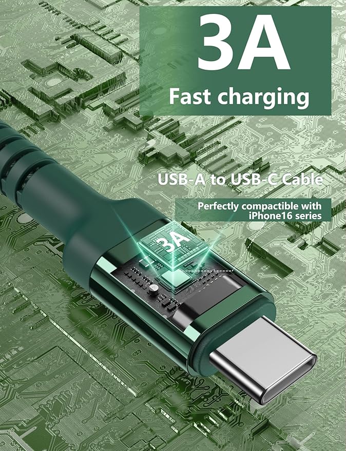 USB to USB C Cable Fast Charging 10FT USB A to USB C Charger Cord, Upgraded Extra Durable Braided USBC Cable Compatible with iPhone 17 16 15 Pro Max,Samsung Galaxy S10 S9 Plus More-Green 2 Pack