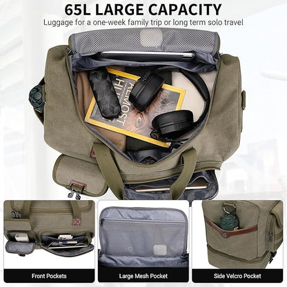 WITZMAN Duffle Bag for Men 50L Canvas Weekender Overnight Bag with Toiletry Bag Sets Travel Duffel Bag Shoes Compartment(A8010-2 Army Green)