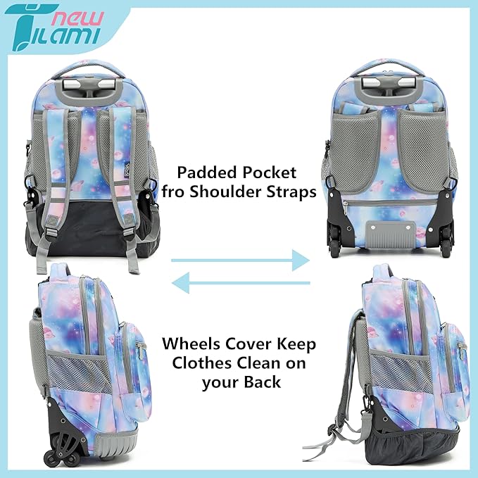 NEW TILAMI 18 Inch Rolling Backpack with Wheels for Girls Boys Kids Laptop Backpack School Travel, Purple Star