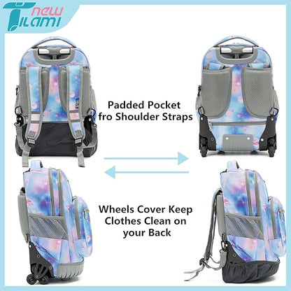 NEW TILAMI 18 Inch Rolling Backpack with Wheels for Girls Boys Kids Laptop Backpack School Travel, Purple Star
