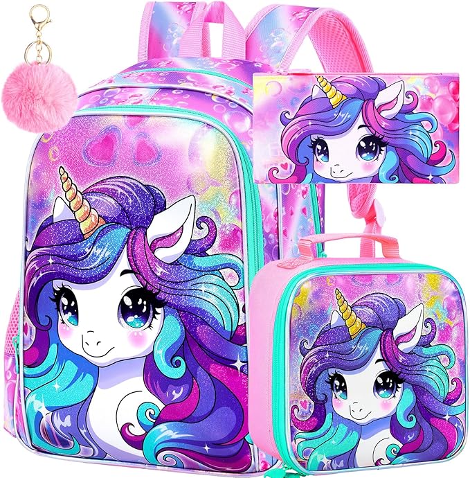 WZLVO 3PCS Unicorn Backpack for Girls, 16'' Kids Preschool Bookbag Set, Cute Water Resistant Kindergarten Elementary School Bag with Lunch Box