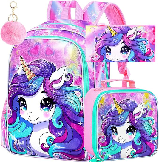 WZLVO 3PCS Unicorn Backpack for Girls, 16'' Kids Preschool Bookbag Set, Cute Water Resistant Kindergarten Elementary School Bag with Lunch Box