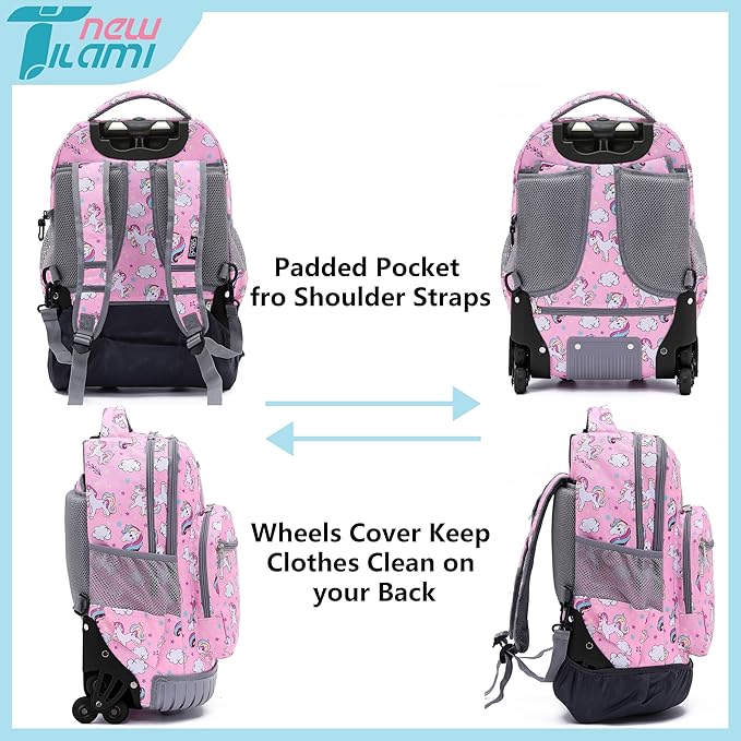 NEW TILAMI 18 Inch Rolling Backpack with Wheels for Girls Boys Kids Laptop Backpack School Travel, Pink Unicorn