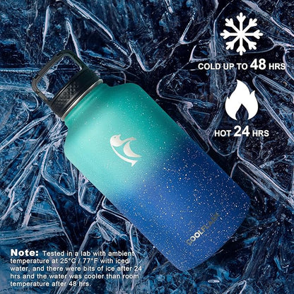 64 oz Water Bottle Insulated with Straw&3 Lids, Coolflask Half Gallon Water Jug Galaxy Large Metal Stainless Steel Vacuum Flask for Gym, Sports, Keep Cold 48H Hot 24H, Glacier Blue
