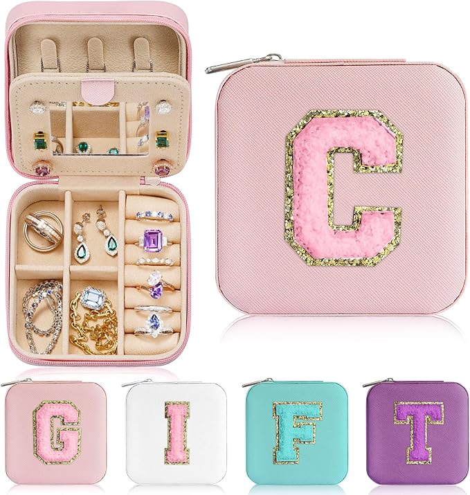 Parima Travel Essentials for Women Jewelry Box, Travel Accessories for Teen Girls Trendy Stuff | Necklace Organizer Earrings Organizer Ring Organizer - Letter C, Pink