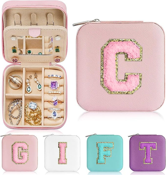 Parima Travel Essentials for Women Jewelry Box, Travel Accessories for Teen Girls Trendy Stuff | Necklace Organizer Earrings Organizer Ring Organizer - Letter C, Pink