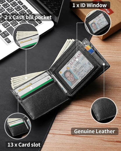 Mens Wallet Genuine Leather Bifold RFID Blocking Wallet for Men with 1 ID Window 13 Card Holders 2 cash pockets 1 Gift Box