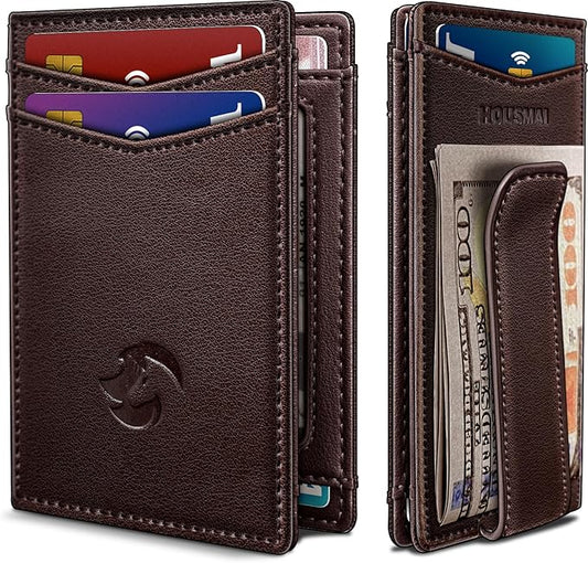 Magnetic Closure Slim Wallet with Money Clip Gift Boxed,Genuine Leather Front Pocket Wallet for Men, 3.9"x 2.8", RFID Blocking