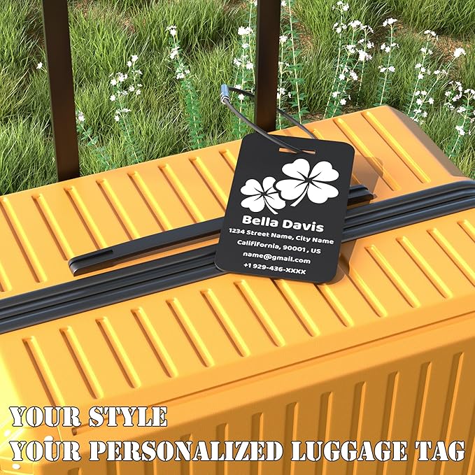 4 PCS Personalized Luggage Tags for Suitcases, Custom Aluminum Luggage Tags for Bags and Backpacks, Waterproof & Heavy Duty Personalized Metal Name Tags for Travel (Black)