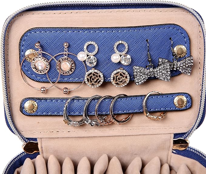 Angelina's Palace Jewelry Organizer Case Bridesmaid Gifts Travel Bag Vegan Leather Box for Necklace Earring Bracelet Ring(dark chambray)
