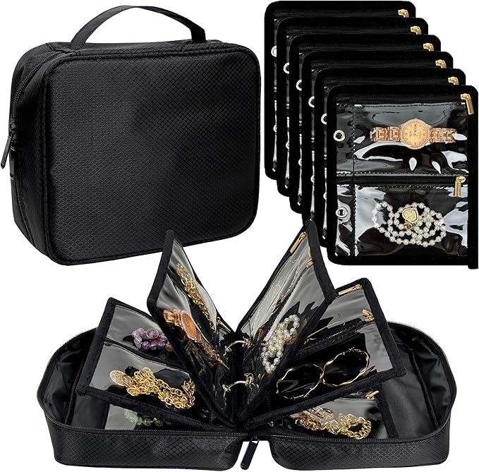Travel Jewelry Organizer Case,Jewelry Bags for Traveling, Jewelry Binder with 24 Pcs Clear Zipper Velvet Pouches for Storing Earrings, Rings, Necklace, Bracelet, Watch (Black)