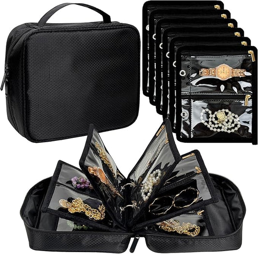 Travel Jewelry Organizer Case,Jewelry Bags for Traveling, Jewelry Binder with 24 Pcs Clear Zipper Velvet Pouches for Storing Earrings, Rings, Necklace, Bracelet, Watch (Black)
