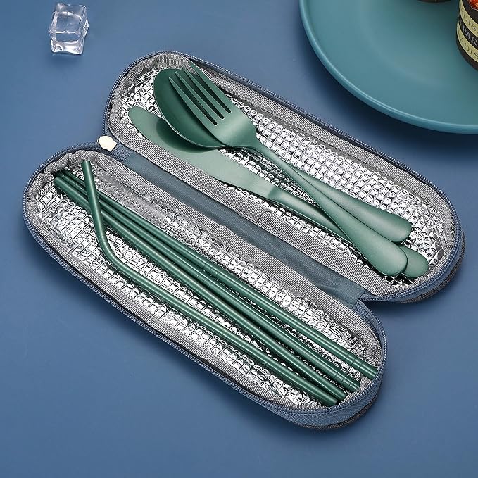 Portable Stainless Steel Flatware Set, Travel Camping Cutlery Set, Portable Utensil Travel Silverware Dinnerware Set with a Waterproof Case (Green)