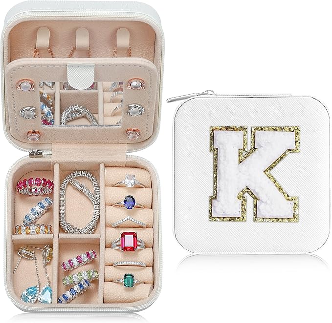 Parima Christmas Stocking Stuffers Gift for Teenage Girls Women, Travel Gifts, Small Gifts, Cute Travel Jewelry Cases Small Jewelry Box | Letter K, White