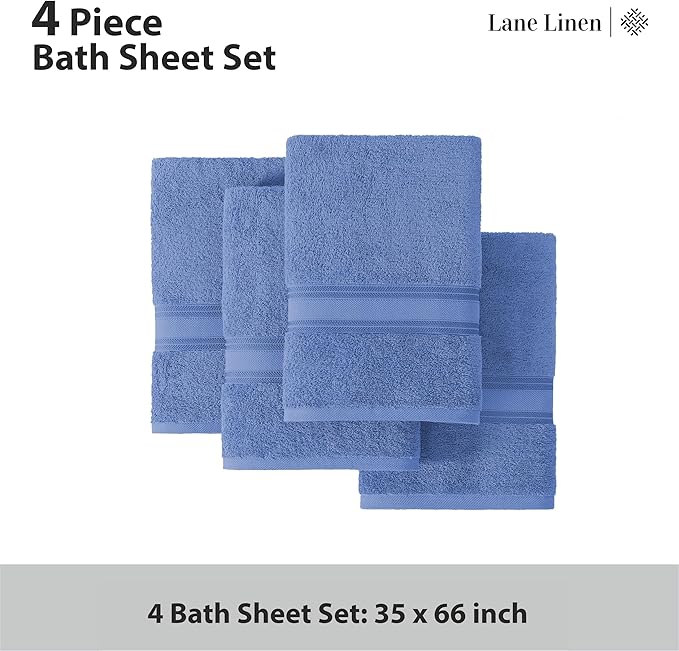 LANE LINEN 100% Cotton 4 Pack Bath Sheets (35"x66") - Zero Twist Cotton Extra Large Bathroom Towels - Quick Dry, Soft & Absorbent Oversized Bath Towels - Machine Wash in Cold Water - Cerulean Blue