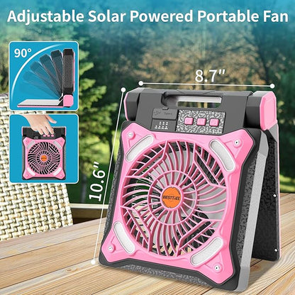 Solar Fan Battery Powered Rechargeable Solar Camping Fan with Led Lantern & Power Bank Foldable Angle USB Personal Fans for Travel Outdoor Camping Tents X98 Pink