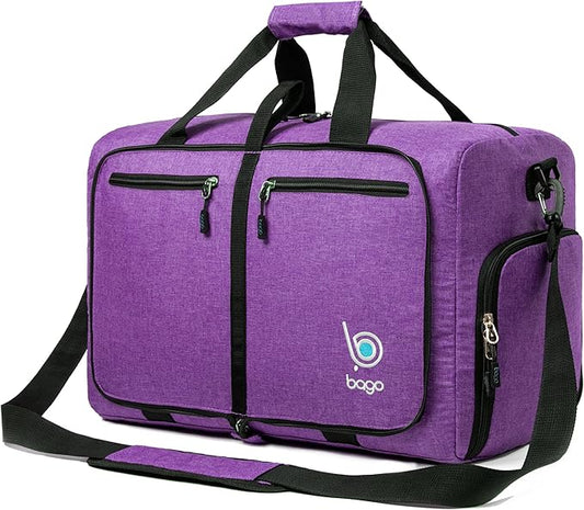 Bago Foldable Duffel Bags for Traveling Women & Men - 40L Sports Packable Duffle Bag for Travel with Shoe Compartment - Water Repellant, Heavy Duty, Lightweight Folding & Collapsible (SnowDepPurple)