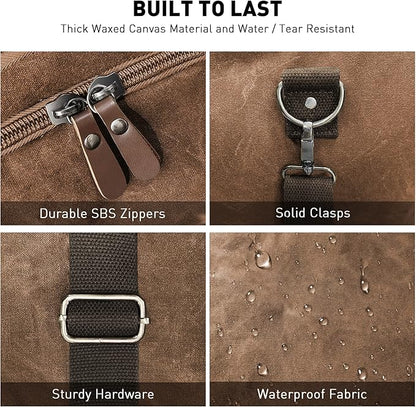 Wildroad Waxed Canvas Genuine Leather 50L Waterproof Duffle Bag - Vintage Travel Weekender Overnight Carry On