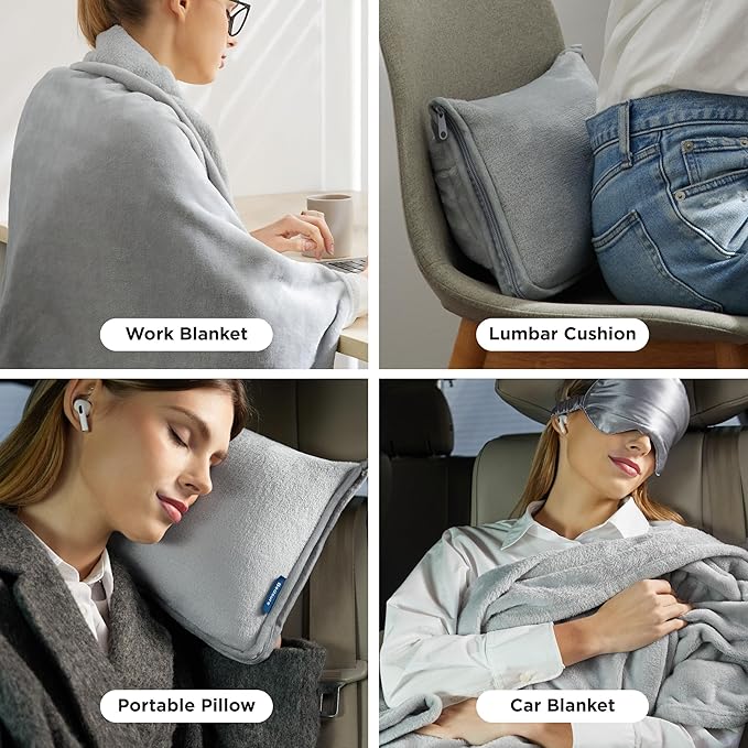 Bedsure Travel Blanket Airplane Compact with Storage Bag, Packable Blanket with Eye Mask, Lightweight 2-in-1 Travel Essentials, Functioned as Pillow for Airplane Comfort and Warmth, Grey