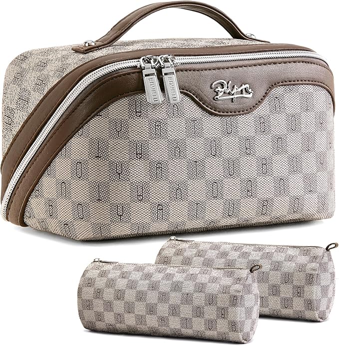 BOYATU Travel Makeup Bag Cosmetic Bags for Women: Large Make up Bags Set of 3 - Portable Makeup Organizer with Compartments&Handle&Divider - Waterproof PU Leather Toiletry Bag(C-1-Light Brown)