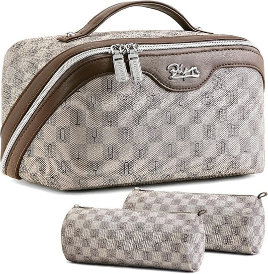 BOYATU Travel Makeup Bag Cosmetic Bags for Women: Large Make up Bags Set of 3 - Portable Makeup Organizer with Compartments&Handle&Divider - Waterproof PU Leather Toiletry Bag(C-1-Light Brown)