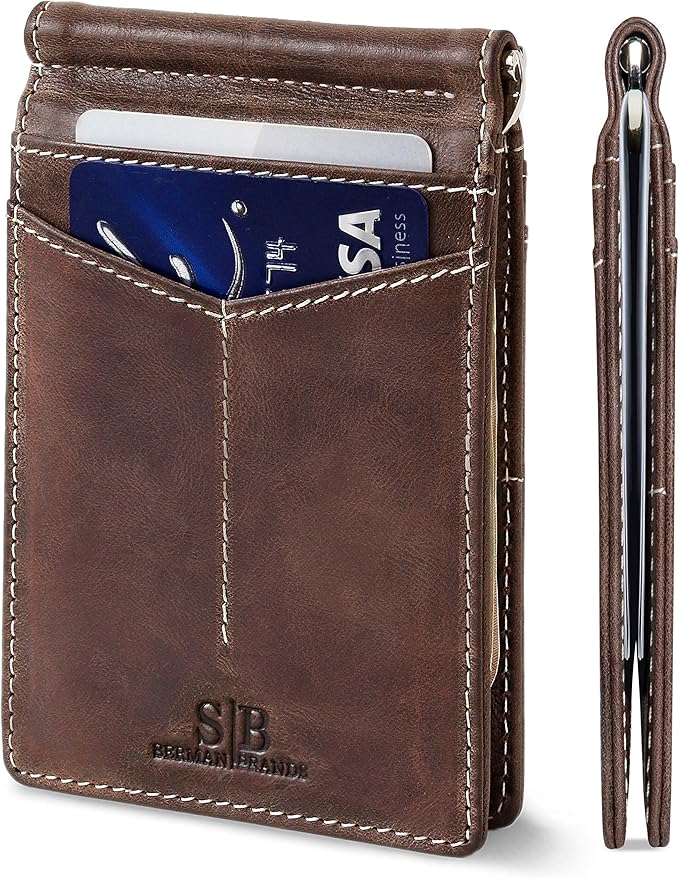 SERMAN BRANDS RFID Blocking Wallet Slim Bifold - Genuine Leather Minimalist Front Pocket Wallets for Men with Money Clip Gift (Morning Roast)