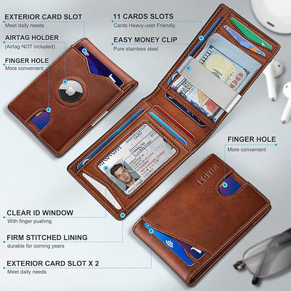 Airtag Wallet for Men,with Money Clip 11 Cards Slim Front Pocket Leather RFID Blocking Wallet with Gift Box