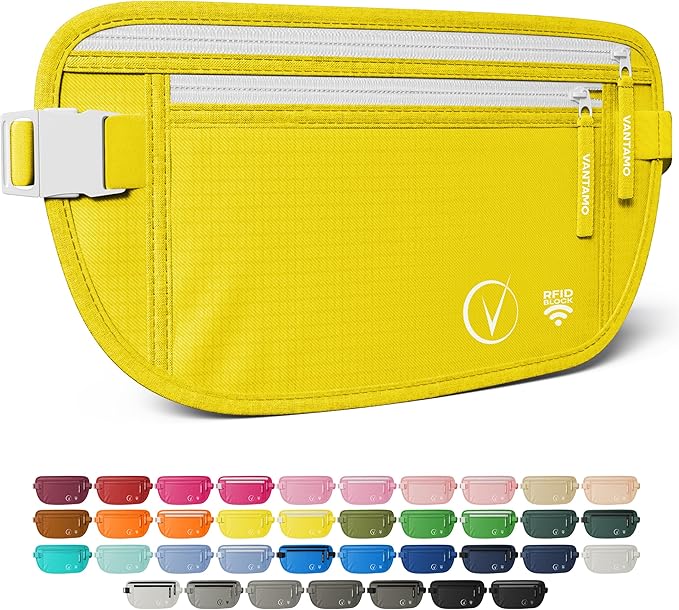 Vantamo Money Belt with RFID For Men & Women, Hidden Passport Holder for Travel, 2 Compartment Travel Fanny Pack for Women Anti Theft