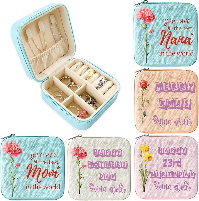 Personalized Mini Travel Jewelry Organizer, Customized Small Case With Initials, Gift for Women & Girls (Flower & Text)