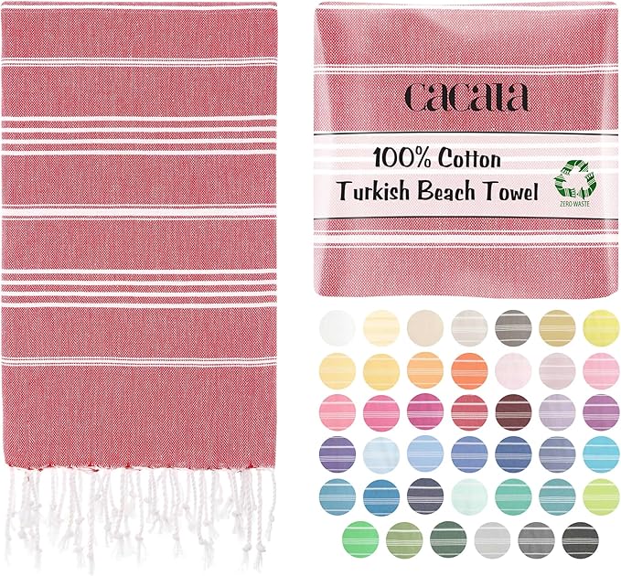 Cacala Lightweight and Thin Turkish Beach Towel 100% Cotton Sand-Free and Quick-Drying Goodness Perfect as an Extra Large Travel Towel, Beach Accessory, or Gift for Beach Lovers, 37 x 70