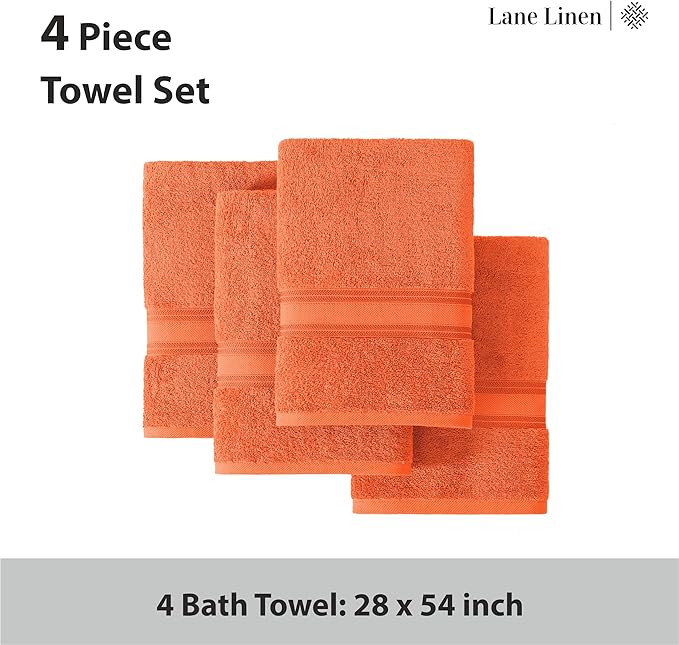Lane Linen 100% Cotton 4 Pack Bath Towels (28"x54") - Zero Twist, Mercerized Cotton Towel Sets for Bathroom - Quick Dry, Soft & Absorbent Large Bath Towel Set - Salon, Spa & Hotel Quality - Tiger Lily