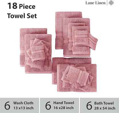 LANE LINEN Premium Bath Towel Set of 18 – 100% Cotton, 6 Bath, 6 Hand Towels & 6 Washcloths, Zero Twist, Ultra Soft & Durable, Quick-Dry, Ideal for Spa, Hotel & Everyday Use – Wishful Mauve