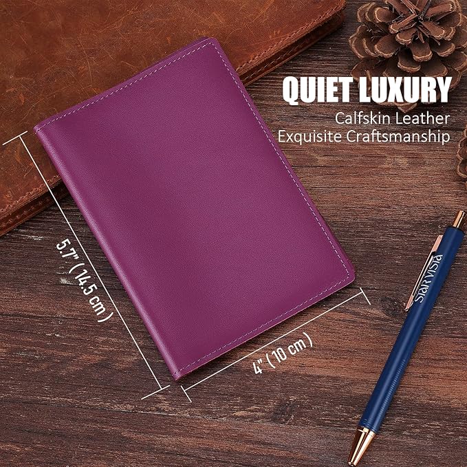STAR VISTA Albatross Leather Travel Passport Holder, Minimalist Design, Calfskin Leather Case for Women and Men - Slim Passport Wallet, Bifold, RFID Blocking, with AirTag Holder, Violet
