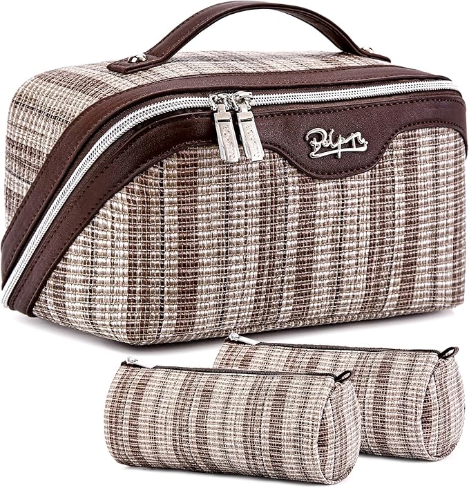 BOYATU Travel Makeup Bag for Women: Large Capacity Open Flat Make up Bag Set of 3 - Vegan Leather Cosmetic Bag with Compartments - Waterproof Toiletry Bag with Handle & Divider(I-5-Brown)