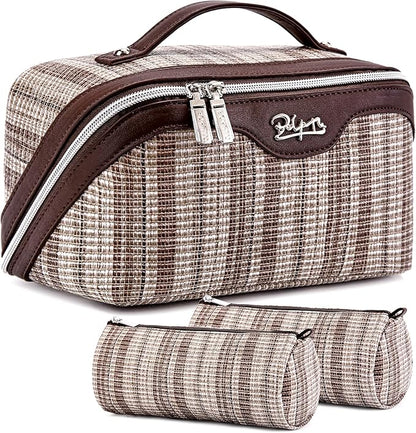 BOYATU Travel Makeup Bag for Women: Large Capacity Open Flat Make up Bag Set of 3 - Vegan Leather Cosmetic Bag with Compartments - Waterproof Toiletry Bag with Handle & Divider(I-5-Brown)