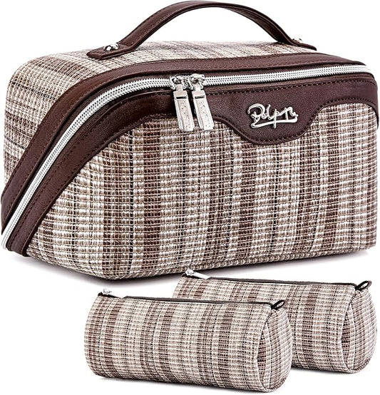 BOYATU Travel Makeup Bag for Women: Large Capacity Open Flat Make up Bag Set of 3 - Vegan Leather Cosmetic Bag with Compartments - Waterproof Toiletry Bag with Handle & Divider(I-5-Brown)