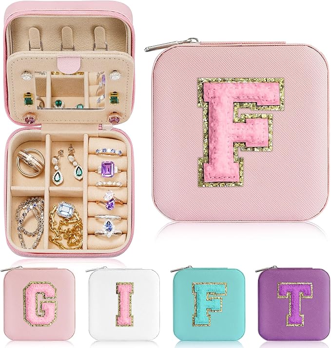 Parima Bridesmaid Gifts for Wedding Day, Women | Proposal Unique Travel Essentials Small Jewelry Box Case-Initial F Pink