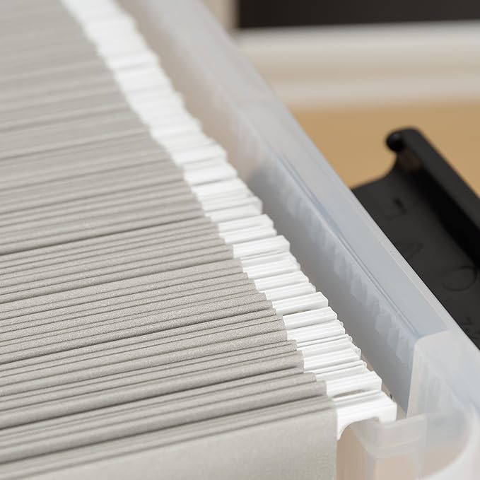 IRIS USA File Box WeatherPro File Organizer Plastic File Box for Letter/Legal File, Water Resistant Document Box, Durable Lid, Seal w/ Secure Latching Buckles, Stackable, Nestable, Clear 32 Qt. 1Pack