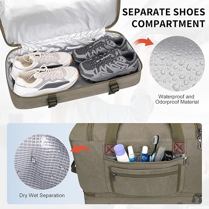 WITZMAN Duffle Bag for Men 50L Canvas Weekender Overnight Bag with Toiletry Bag Sets Travel Duffel Bag Shoes Compartment(A8010-2 Army Green)