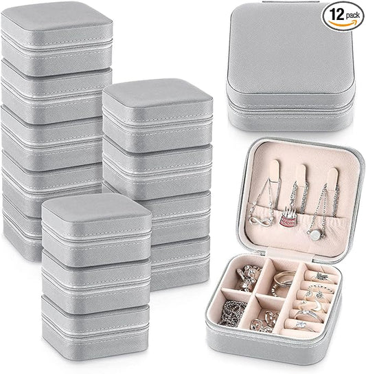 Yinkin 12 Pcs Mini Travel Jewelry Case Bridesmaid Proposal Gift Boxes, Small PU Leather Earring Organizer, Bulk Travel Accessories Portable Jewelry Holder(Gray)
