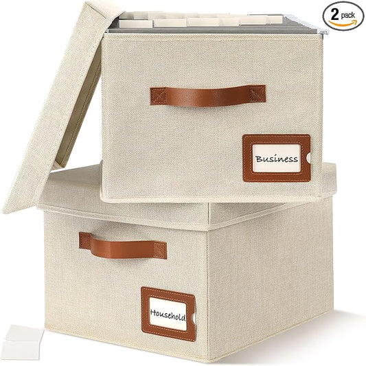 Storage Standard 2-Pack File Organizer Box with Lid - Collapsible Hanging Linen Document Organizer Portable File Boxes, Lightweight & Portable Filing Box Crates with Handles & Extras, Ivory