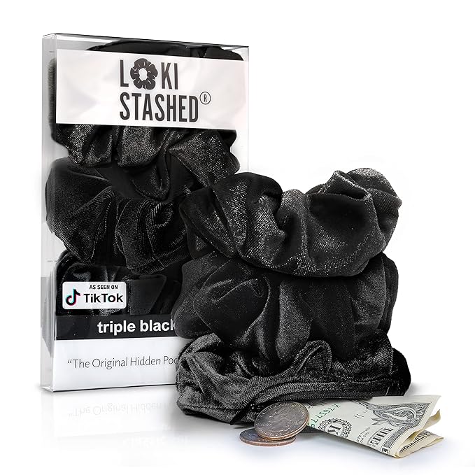 3-PACK Velvet Hair Tie Scrunchies for VSCO Girls & Women, THE ORIGINAL HIDDEN POCKET SCRUNCHIE with Zipper Pocket Storage, Accessories, Small Items, Keys, Money (Triple Black Set)