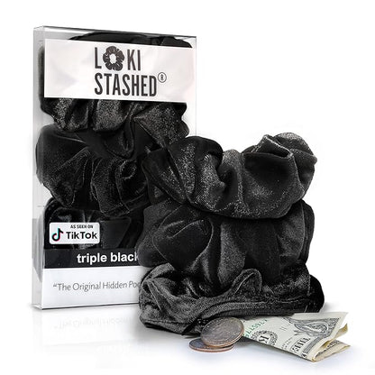 3-PACK Velvet Hair Tie Scrunchies for VSCO Girls & Women, THE ORIGINAL HIDDEN POCKET SCRUNCHIE with Zipper Pocket Storage, Accessories, Small Items, Keys, Money (Triple Black Set)