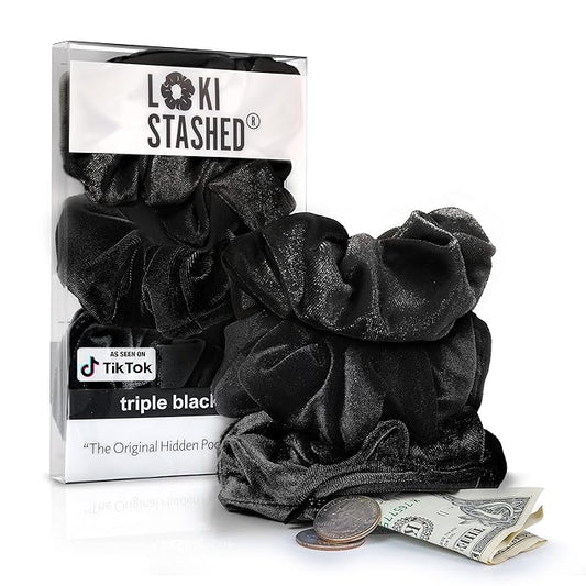 3-PACK Velvet Hair Tie Scrunchies for VSCO Girls & Women, THE ORIGINAL HIDDEN POCKET SCRUNCHIE with Zipper Pocket Storage, Accessories, Small Items, Keys, Money (Triple Black Set)