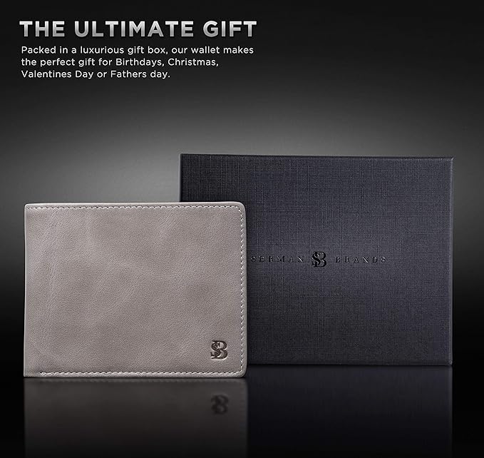 SERMAN BRANDS 2 ID Window Wallet for Men RFID Blocking Leather, Bifold Top Flip, Extra Capacity Travel Wallet