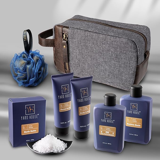 All Natural Bath and Body Spa Gift Basket Set for Men - Ocean Breeze - Luxury Men's Skin Care Kit For Him in Toiletry Bag for Relaxation, Revitalization, Exfoliating, Cleansing