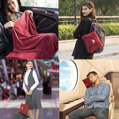 BlueHills Premium Soft Travel Blanket Pillow Airplane Blanket Packed in Soft Bag Pillowcase with Hand Luggage Belt and Backpack Clip Compact Large Long Flights Traveler Essentials Lightweight Red T001