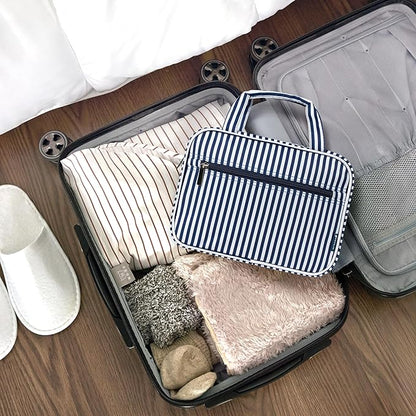 PAVILIA Hanging Toiletry Bag Travel Bag Women Men, Foldable Cosmetic Organizer, Roll up Makeup Bag, Water Resistant Accessories Toiletries, Large Travel Essentials Kit (Navy Stripe)