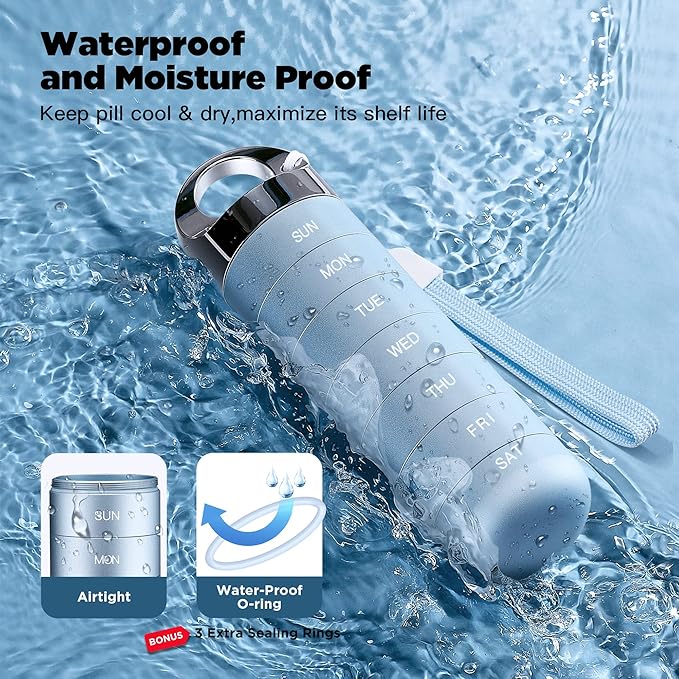 Zannaki Metal Travel Pill Organizer, Portable Waterproof Weekly Pill Box, Large Aluminum Alloy Pill Case Container, BPA Free 7 Day Daily Medicine Organizer Holder for Vitamin, Fish Oil, Supplement