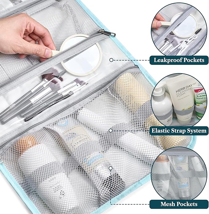 PAVILIA Hanging Toiletry Bag Women Men, Travel Kit Foldable Large Toiletries Organizer, Roll up Cosmetics Makeup Bag Accessories, Waterproof Essentials Jewelry Case (Teal Chevron)